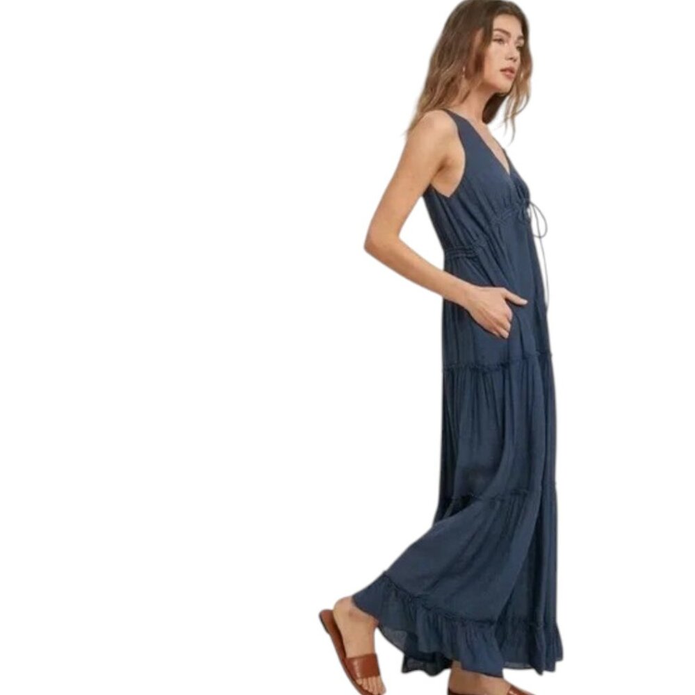 NWOT Wishlist Sleeveless Tiered Ruffle Hem Slate Blue Maxi Dress Sz L - Picture 3 of 4